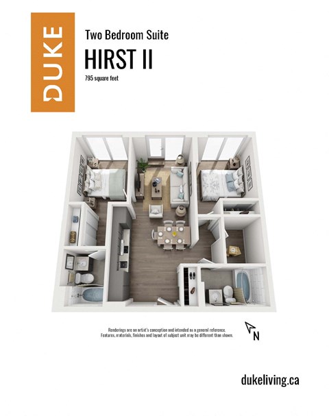 Floor plan for 2 beds, 2 baths, 795 sqft